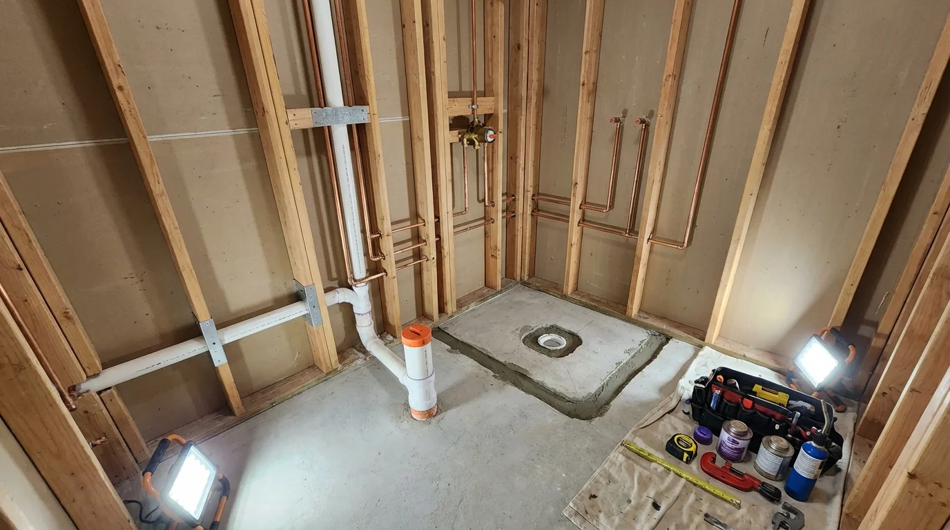 Bathroom rough-in plumbing during remodel by Johns Plumbing LLC in Groveport
