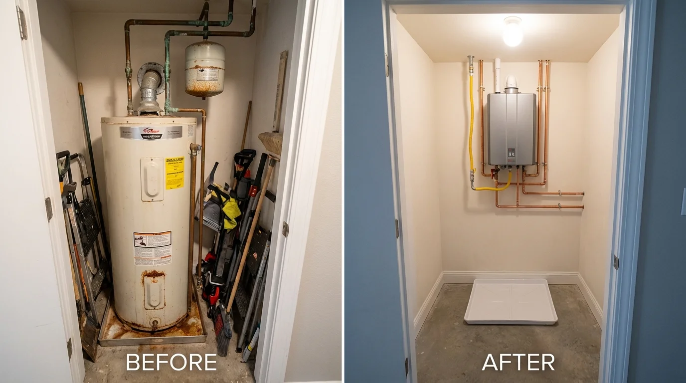 Tank water heater versus wall-mounted tankless unit comparison for Groveport, OH homeowners