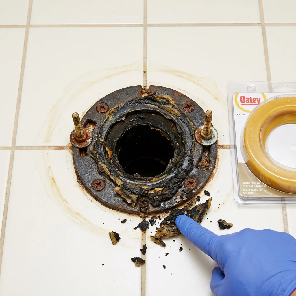 Failed wax ring showing water seepage at the base of a toilet in a Groveport, OH home