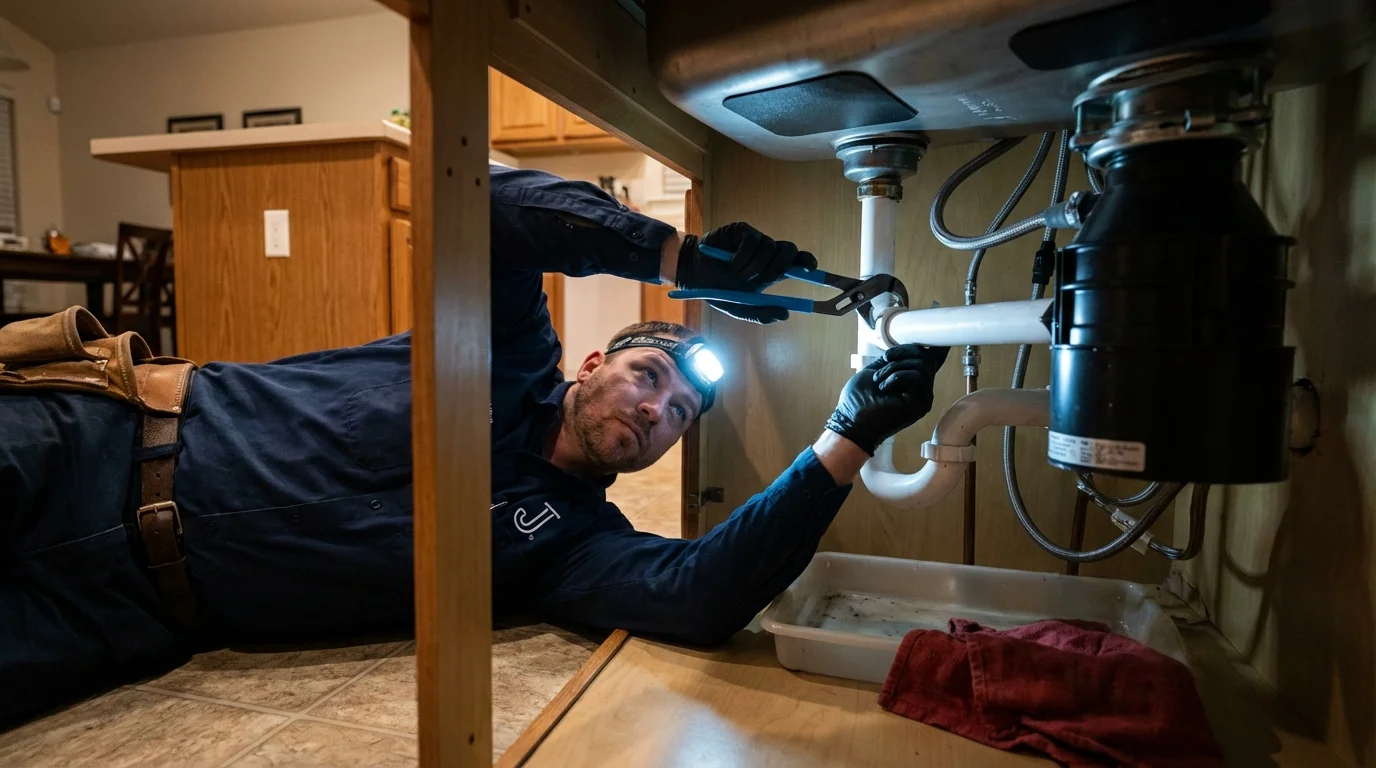 P-trap and supply line connections under a kitchen sink showing a common leak point in Groveport, OH